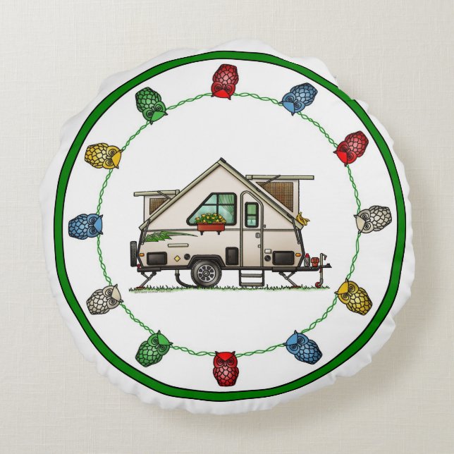 Coussins Ronds Aliner Pop Up RV happy camper art Ceramic Ornament (Dos)