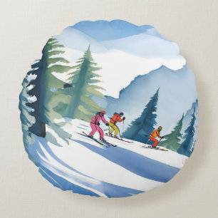 Coussins Ronds Allons Ski   Peinture Aquarelle d'Hiver