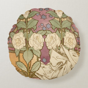 Coussins Ronds Alphonse Mucha Étoiles Élégantes Art Nouveau Camél