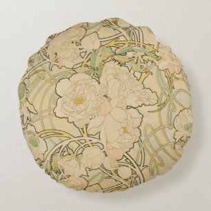 Coussins Ronds Alphonse Mucha Peonies Peony Roses Fawn 1897