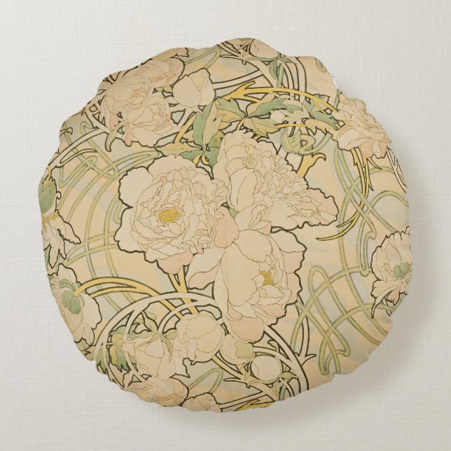Coussins Ronds Alphonse Mucha Peonies Peony Roses Fawn 1897 (Dos)