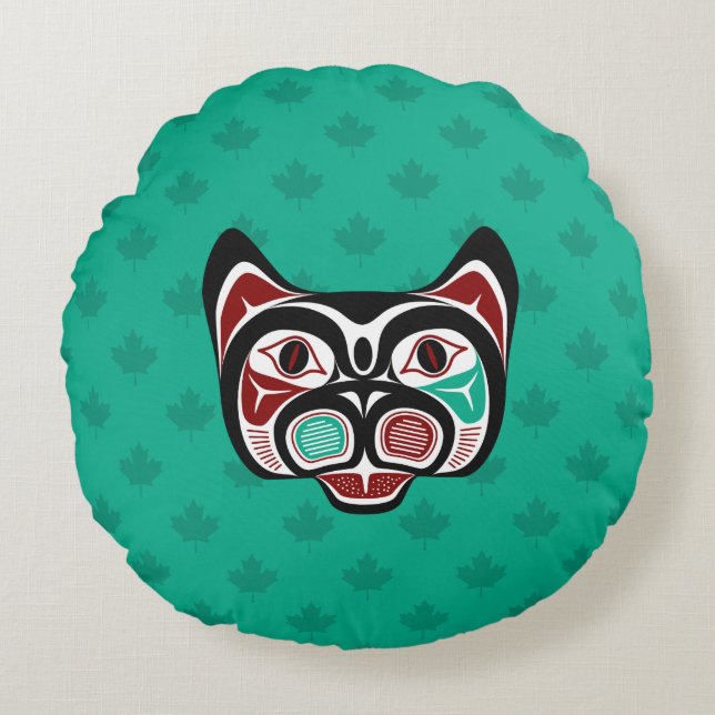 Coussins Ronds Amérindien Rouge Noir Vert Haïda Art Kitty (Devant)
