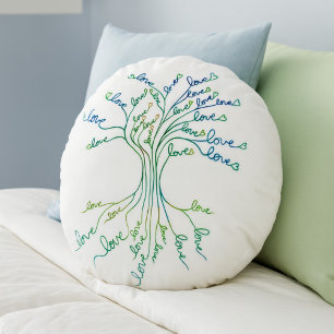 Coussins Ronds Amour Arbre de Vie Art Blanc Turquoise Coeurs Bleu