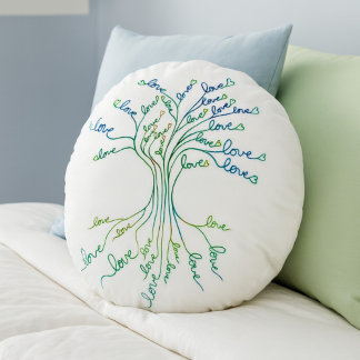 Coussins Ronds Amour Arbre de Vie Art Blanc Turquoise Coeurs Bleu