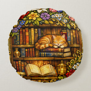 Coussins Ronds Amoureux de livres et de chats endormis Faux vitra