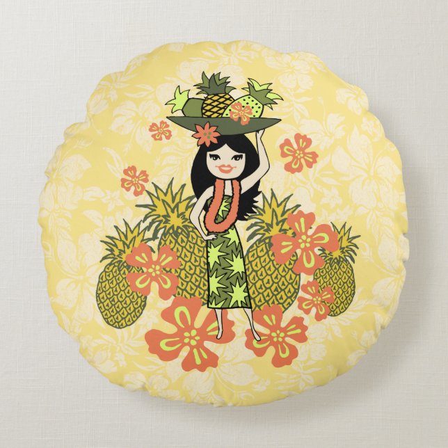 Coussins Ronds Ananas Luau Hawaiian Hula Girl Reversible (Devant)