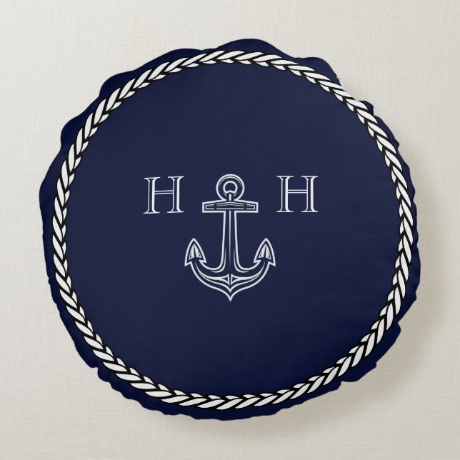 Coussins Ronds Ancre Bleue Marine de Navigation Monogramme Côtièr (Dos)