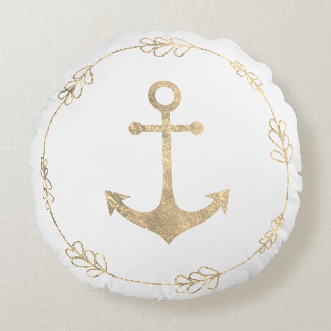 Coussins Ronds ancre marine en faux or blanc (Devant)