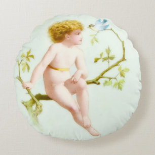 Coussins Ronds Ange d'or Cherubic assis sur un arbre avec un oise