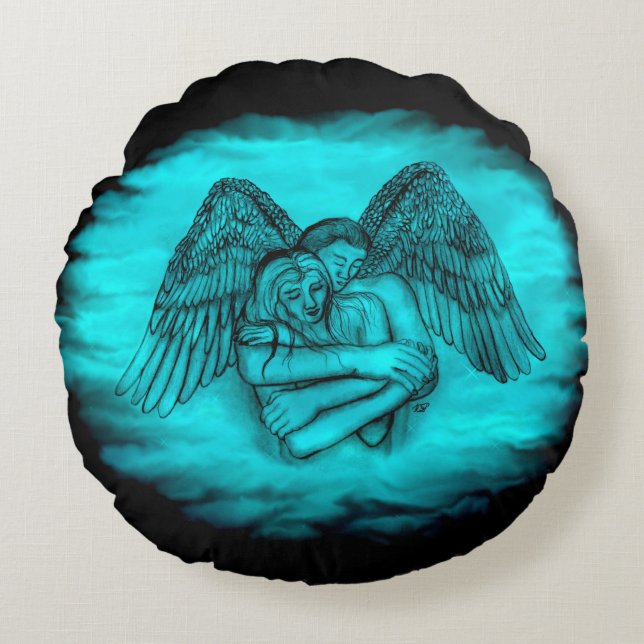 Coussins Ronds Angel Eros en amour, design noir et vert (Devant)