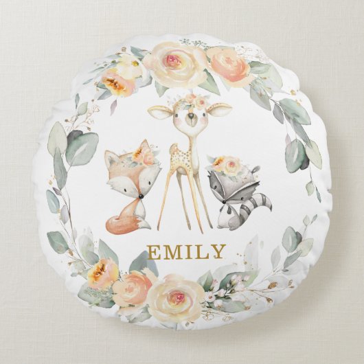 Coussins Ronds Animaux boisés mignons Jaune Flore verte (Devant)