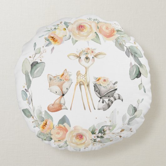 Coussins Ronds Animaux boisés mignons Jaune Flore verte (Dos)