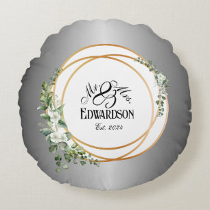 Coussins Ronds Anneaux Romantiques Dorés & Anniversaire Floral