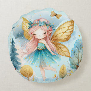 Coussins Ronds Anniversaire Fée Bleu Turquoise Or Rose Princesse