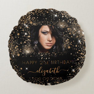 Coussins Ronds Anniversaire noir personnalisé photo or parties sc