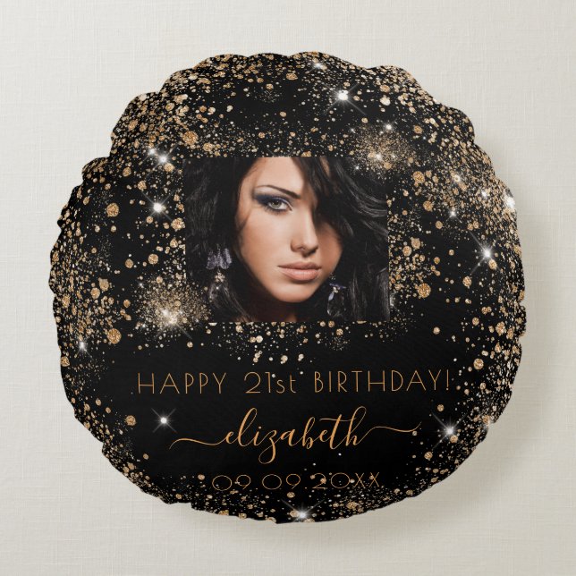 Coussins Ronds Anniversaire noir personnalisé photo or parties sc (Devant)