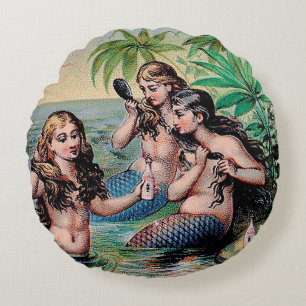 Coussins Ronds Antique Victoriens Sirènes Trésor Navire Vintage