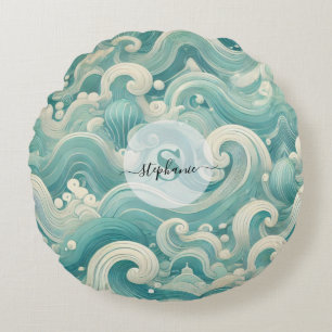 Coussins Ronds Aqua Blue & White Wave Abstraite - Art moderne Flu