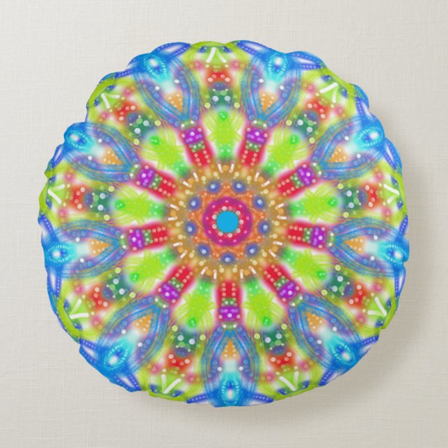 Coussins Ronds Aqua Lime Mandala Boho réversible (Devant)