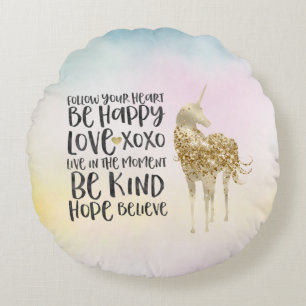 Coussins Ronds Aqua Yellow Rose Aquarelle Inspirational Unicorne