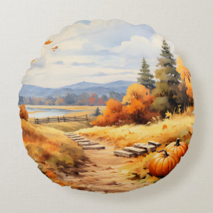 Coussins Ronds Aquarelle Automne Citrouille de route en chute Feu