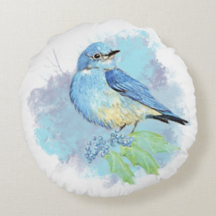 Coussins Ronds Aquarelle Bleu Bleu Joli Jardin Bleu Oiseau Art