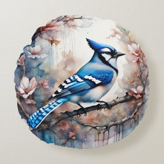 Coussins Ronds Aquarelle bleu Jay Cherry Blossoms (Devant)