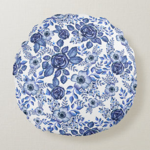 Coussins Ronds Aquarelle bleu motif floral