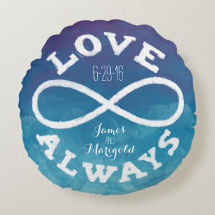 Coussins Ronds Aquarelle bleue Infinity Amour Mariage Date, Noms