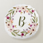 Coussins Ronds Aquarelle Bohème Floral Wreath Monogramme<br><div class="desc">Coussin ronde d'inspiration bohème avec des fleurs d'aquarelle violet et d'ivoire avec des feuilles de feuillage. Ce coussin rond monogramme personnalisable est parfait comme un cadeau personnalisé.</div>