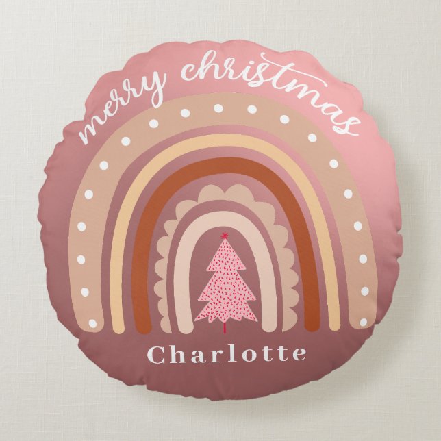 Coussins Ronds Aquarelle Boho personnalisée Nom arc-en-ciel Fille (Devant)