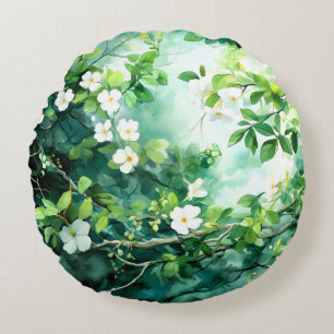 Coussins Ronds Aquarelle botanique Fleurs blanches Feuilles verte