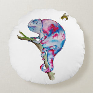 Coussins Ronds Aquarelle brillante colorée caméléon et abeille