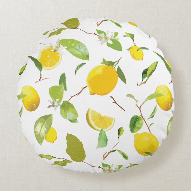 Coussins Ronds Aquarelle Citron et Feuilles 2 (Devant)