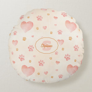 Coussins Ronds Aquarelle Coeurs et Empreintes de pattes Motif