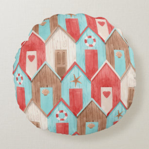 Coussins Ronds Aquarelle de la maison de plage : motif rétro.