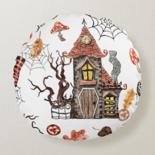 Coussins Ronds Aquarelle d'Halloween : Haunted House Motif.