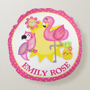 Coussins Ronds Aquarelle flamant rose et perroquet d'été tropical