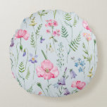 Coussins Ronds Aquarelle Fleurs délicates Foliage Motif bleu<br><div class="desc">Ajoutez un accent féminin à n'importe quel espace avec ce coussin à motifs floraux. Il présente un motif floral aquarelle de fleurs roses,  bleues et violettes et de verdure. Des éléments correspondants sont disponibles.</div>