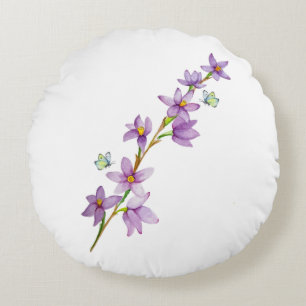 Coussins Ronds Aquarelle fleurs violettes et papillons mignons