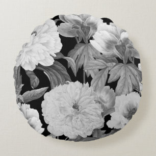 Coussins Ronds Aquarelle florale Black & White Peonies