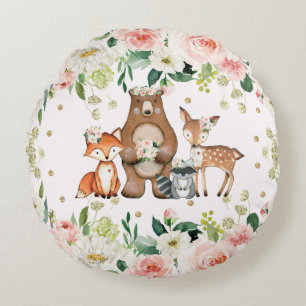 Coussins Ronds Aquarelle Florale Bois Animaux Fille Nursery