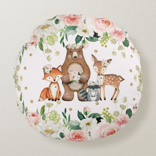 Coussins Ronds Aquarelle Florale Bois Animaux Fille Nursery (Devant)