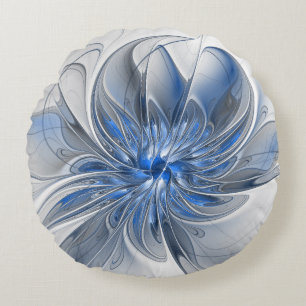 Coussins Ronds Aquarelle gris bleu Abstrait Fractal Art Flower