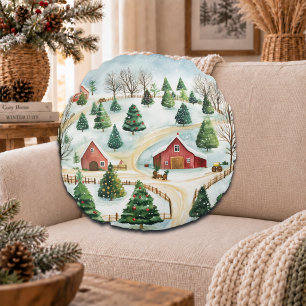 Coussins Ronds Aquarelle Hiver Paysage rustique avec Fir Trees