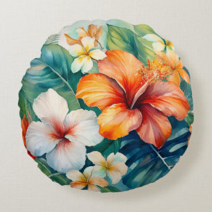 Coussins Ronds Aquarelle Jardin hawaïen Hibiscus tropical