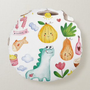 Coussins Ronds Aquarelle kawaii doodles isolés sur fond blanc