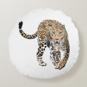 Coussins Ronds aquarelle léopard jungle chat animal peint vert