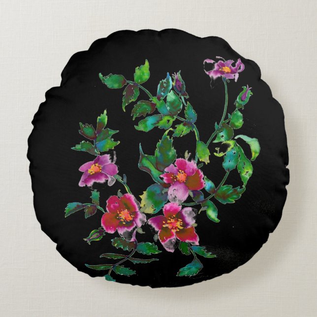 Coussins Ronds Aquarelle magenta rose vintage roses (Devant)