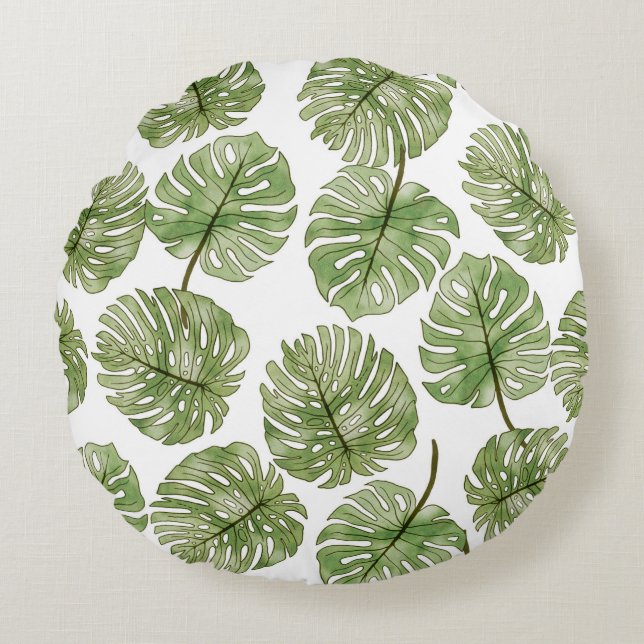 Coussins Ronds Aquarelle Monstera Vert Tropical Feuilles sans cou (Devant)